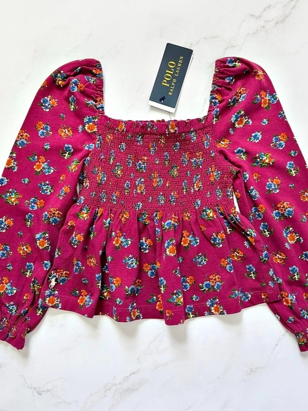 Polo Ralph Lauren Girls Floral Smocked Peplum Top Long Sleeve Size 5 NWT